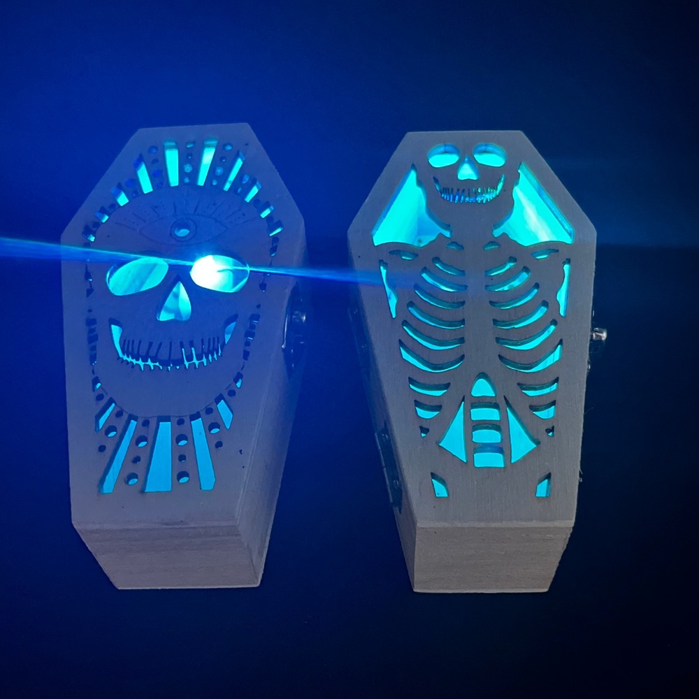 Wood Coffin Trinket Boxes LED Color Changing Skull Skeleton Halloween Decor 2pc - Picture 4 of 11